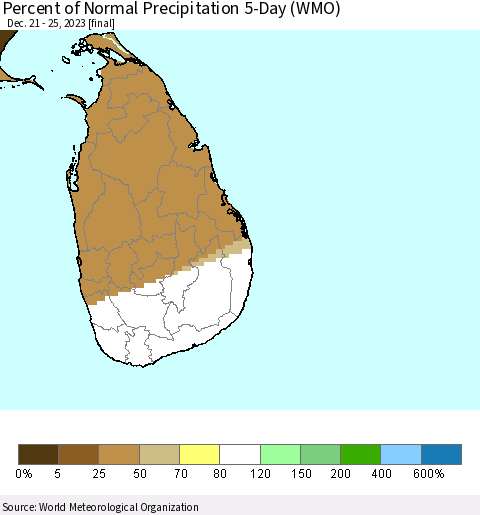 Sri Lanka Percent of Normal Precipitation 5-Day (WMO) Thematic Map For 12/21/2023 - 12/25/2023