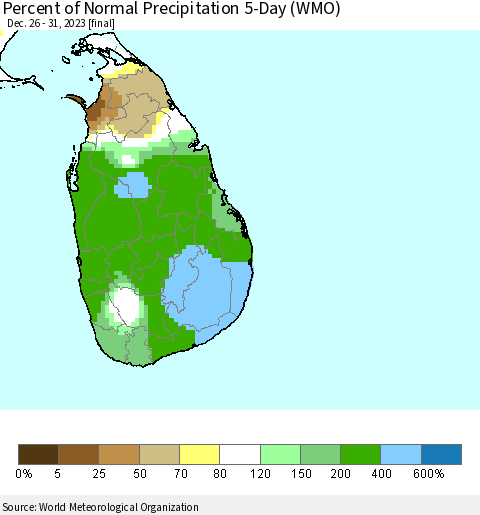 Sri Lanka Percent of Normal Precipitation 5-Day (WMO) Thematic Map For 12/26/2023 - 12/31/2023