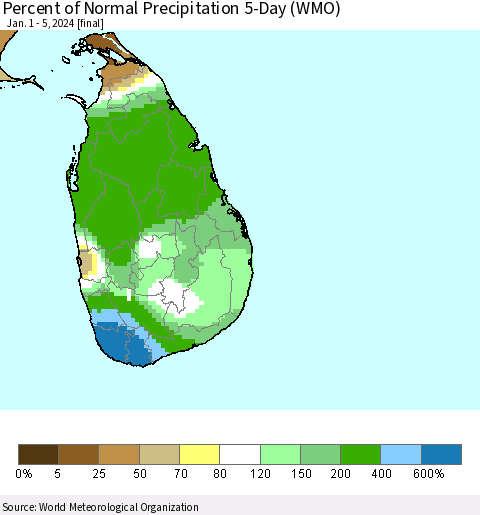 Sri Lanka Percent of Normal Precipitation 5-Day (WMO) Thematic Map For 1/1/2024 - 1/5/2024