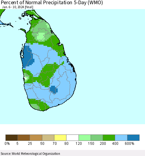 Sri Lanka Percent of Normal Precipitation 5-Day (WMO) Thematic Map For 1/6/2024 - 1/10/2024