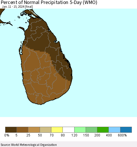 Sri Lanka Percent of Normal Precipitation 5-Day (WMO) Thematic Map For 1/11/2024 - 1/15/2024
