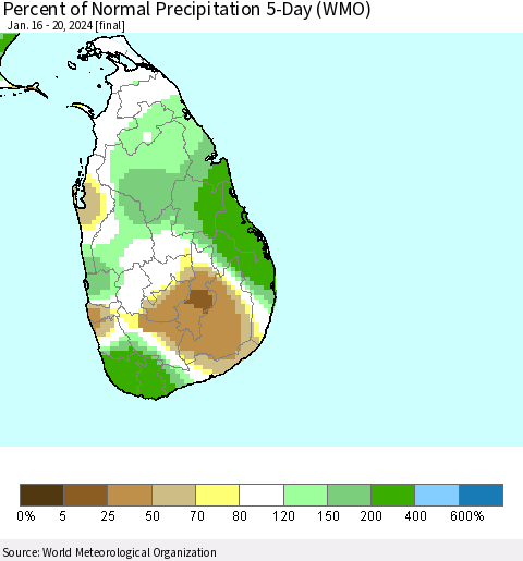 Sri Lanka Percent of Normal Precipitation 5-Day (WMO) Thematic Map For 1/16/2024 - 1/20/2024