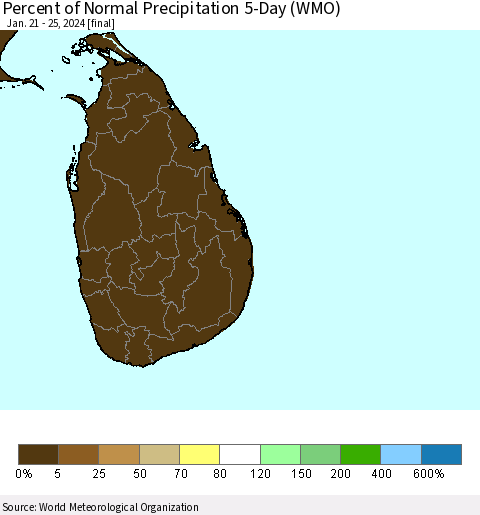 Sri Lanka Percent of Normal Precipitation 5-Day (WMO) Thematic Map For 1/21/2024 - 1/25/2024