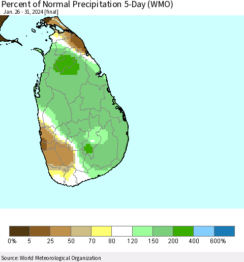 Sri Lanka Percent of Normal Precipitation 5-Day (WMO) Thematic Map For 1/26/2024 - 1/31/2024