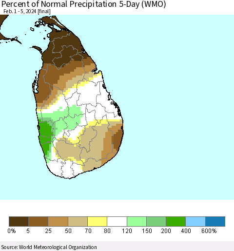Sri Lanka Percent of Normal Precipitation 5-Day (WMO) Thematic Map For 2/1/2024 - 2/5/2024