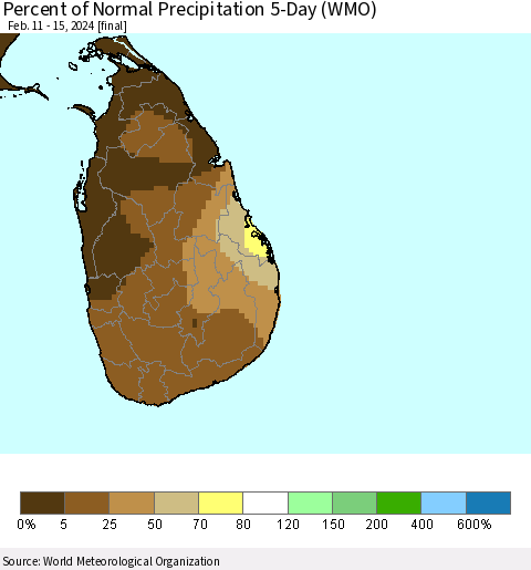Sri Lanka Percent of Normal Precipitation 5-Day (WMO) Thematic Map For 2/11/2024 - 2/15/2024