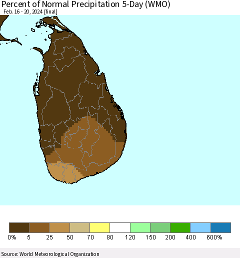 Sri Lanka Percent of Normal Precipitation 5-Day (WMO) Thematic Map For 2/16/2024 - 2/20/2024