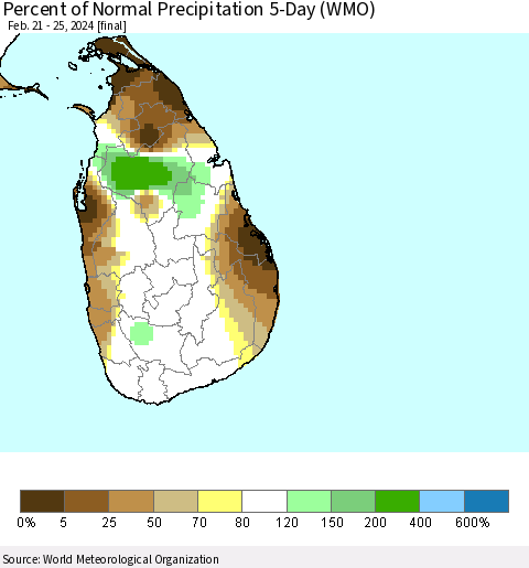 Sri Lanka Percent of Normal Precipitation 5-Day (WMO) Thematic Map For 2/21/2024 - 2/25/2024