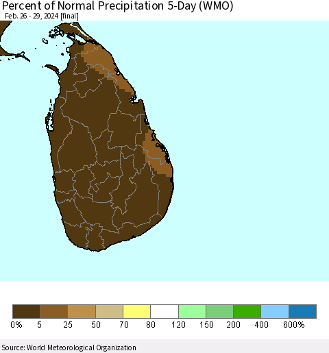 Sri Lanka Percent of Normal Precipitation 5-Day (WMO) Thematic Map For 2/26/2024 - 2/29/2024