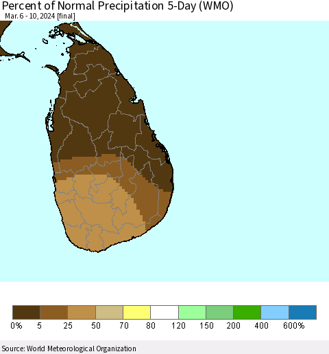 Sri Lanka Percent of Normal Precipitation 5-Day (WMO) Thematic Map For 3/6/2024 - 3/10/2024