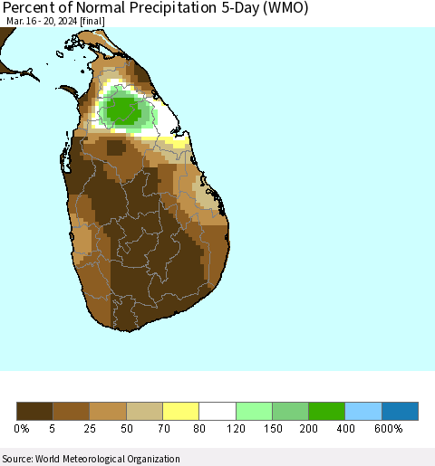 Sri Lanka Percent of Normal Precipitation 5-Day (WMO) Thematic Map For 3/16/2024 - 3/20/2024