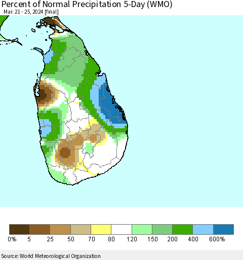 Sri Lanka Percent of Normal Precipitation 5-Day (WMO) Thematic Map For 3/21/2024 - 3/25/2024
