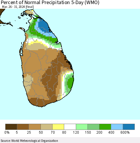 Sri Lanka Percent of Normal Precipitation 5-Day (WMO) Thematic Map For 3/26/2024 - 3/31/2024