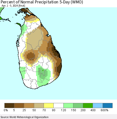 Sri Lanka Percent of Normal Precipitation 5-Day (WMO) Thematic Map For 4/1/2024 - 4/5/2024
