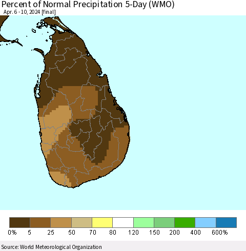 Sri Lanka Percent of Normal Precipitation 5-Day (WMO) Thematic Map For 4/6/2024 - 4/10/2024
