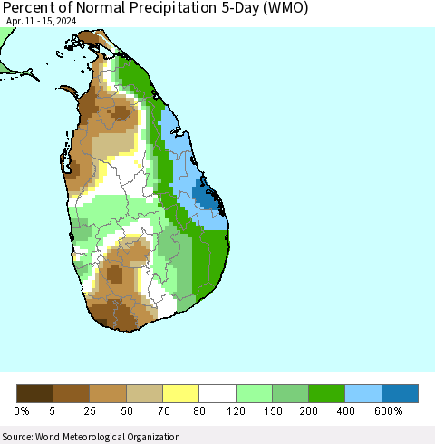 Sri Lanka Percent of Normal Precipitation 5-Day (WMO) Thematic Map For 4/11/2024 - 4/15/2024