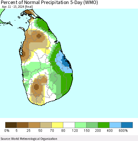 Sri Lanka Percent of Normal Precipitation 5-Day (WMO) Thematic Map For 4/11/2024 - 4/15/2024