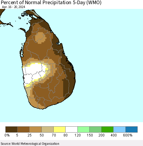 Sri Lanka Percent of Normal Precipitation 5-Day (WMO) Thematic Map For 4/16/2024 - 4/20/2024