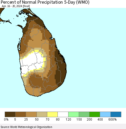 Sri Lanka Percent of Normal Precipitation 5-Day (WMO) Thematic Map For 4/16/2024 - 4/20/2024
