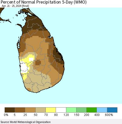 Sri Lanka Percent of Normal Precipitation 5-Day (WMO) Thematic Map For 4/21/2024 - 4/25/2024