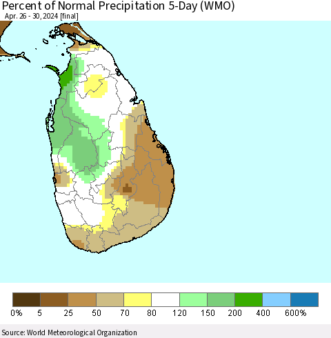 Sri Lanka Percent of Normal Precipitation 5-Day (WMO) Thematic Map For 4/26/2024 - 4/30/2024