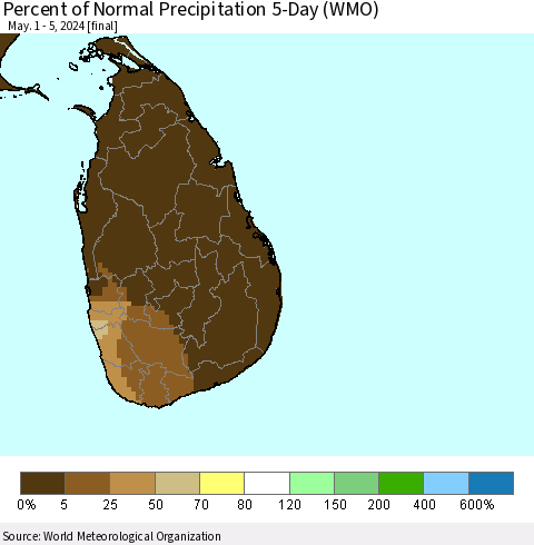 Sri Lanka Percent of Normal Precipitation 5-Day (WMO) Thematic Map For 5/1/2024 - 5/5/2024