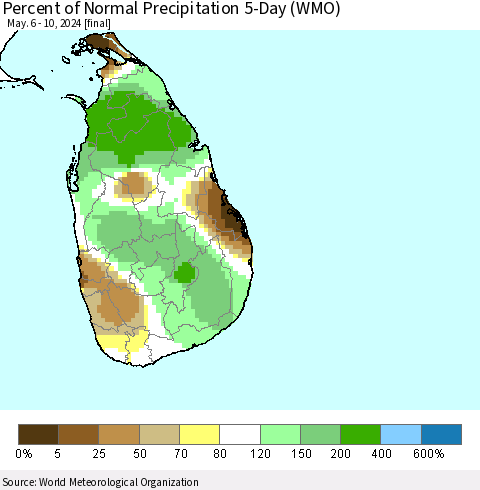 Sri Lanka Percent of Normal Precipitation 5-Day (WMO) Thematic Map For 5/6/2024 - 5/10/2024