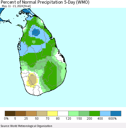 Sri Lanka Percent of Normal Precipitation 5-Day (WMO) Thematic Map For 5/11/2024 - 5/15/2024