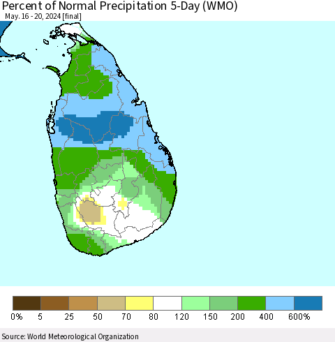 Sri Lanka Percent of Normal Precipitation 5-Day (WMO) Thematic Map For 5/16/2024 - 5/20/2024