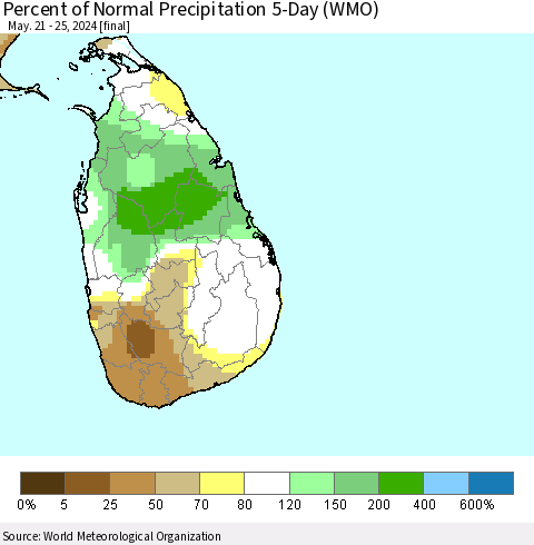 Sri Lanka Percent of Normal Precipitation 5-Day (WMO) Thematic Map For 5/21/2024 - 5/25/2024