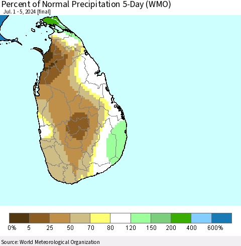 Sri Lanka Percent of Normal Precipitation 5-Day (WMO) Thematic Map For 7/1/2024 - 7/5/2024
