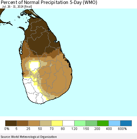 Sri Lanka Percent of Normal Precipitation 5-Day (WMO) Thematic Map For 7/26/2024 - 7/31/2024