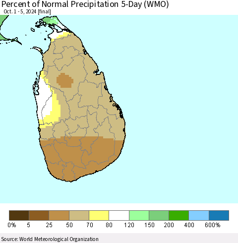 Sri Lanka Percent of Normal Precipitation 5-Day (WMO) Thematic Map For 10/1/2024 - 10/5/2024