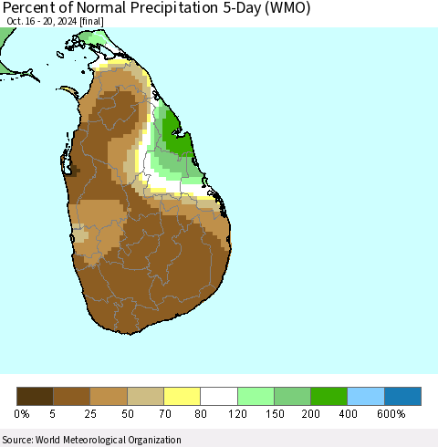 Sri Lanka Percent of Normal Precipitation 5-Day (WMO) Thematic Map For 10/16/2024 - 10/20/2024
