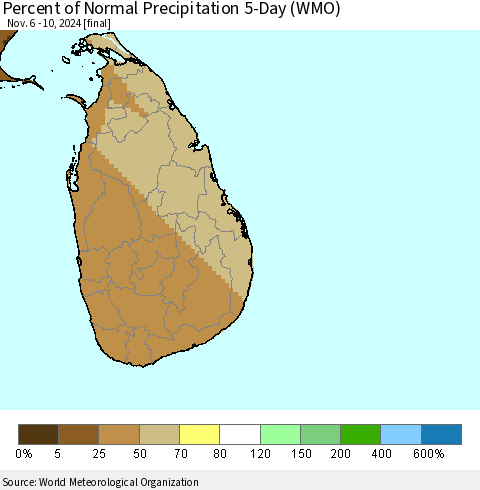 Sri Lanka Percent of Normal Precipitation 5-Day (WMO) Thematic Map For 11/6/2024 - 11/10/2024