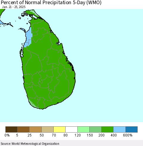 Sri Lanka Percent of Normal Precipitation 5-Day (WMO) Thematic Map For 1/21/2025 - 1/25/2025