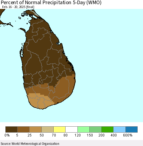 Sri Lanka Percent of Normal Precipitation 5-Day (WMO) Thematic Map For 2/16/2025 - 2/20/2025