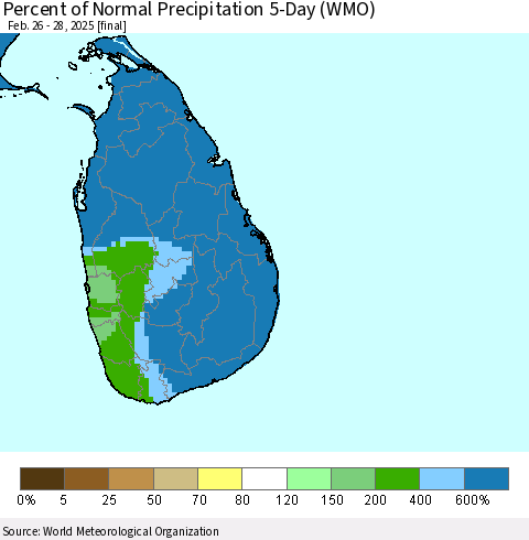 Sri Lanka Percent of Normal Precipitation 5-Day (WMO) Thematic Map For 2/26/2025 - 2/28/2025