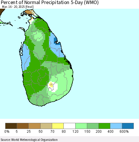 Sri Lanka Percent of Normal Precipitation 5-Day (WMO) Thematic Map For 3/16/2025 - 3/20/2025