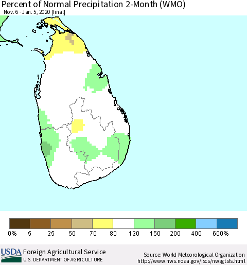 Sri Lanka Percent of Normal Precipitation 2-Month (WMO) Thematic Map For 11/6/2019 - 1/5/2020