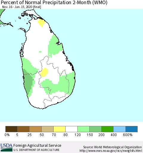 Sri Lanka Percent of Normal Precipitation 2-Month (WMO) Thematic Map For 11/16/2019 - 1/15/2020