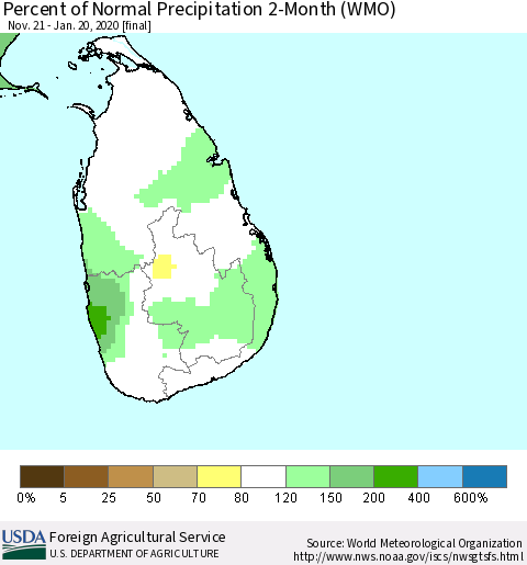 Sri Lanka Percent of Normal Precipitation 2-Month (WMO) Thematic Map For 11/21/2019 - 1/20/2020