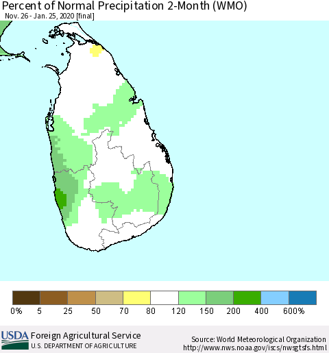 Sri Lanka Percent of Normal Precipitation 2-Month (WMO) Thematic Map For 11/26/2019 - 1/25/2020