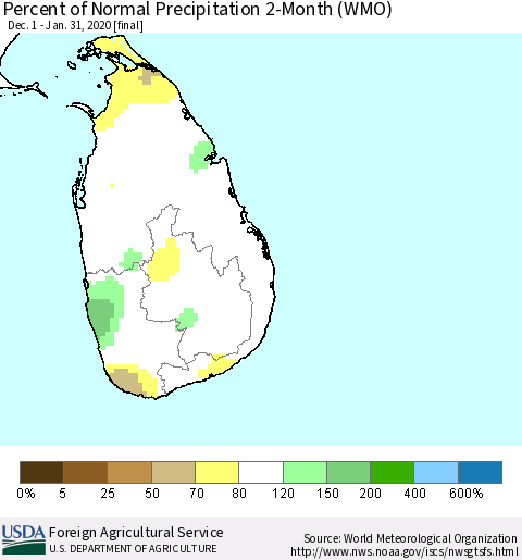 Sri Lanka Percent of Normal Precipitation 2-Month (WMO) Thematic Map For 12/1/2019 - 1/31/2020
