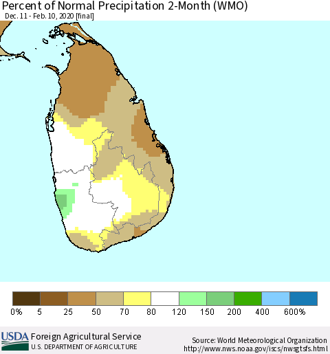 Sri Lanka Percent of Normal Precipitation 2-Month (WMO) Thematic Map For 12/11/2019 - 2/10/2020