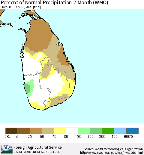 Sri Lanka Percent of Normal Precipitation 2-Month (WMO) Thematic Map For 12/16/2019 - 2/15/2020