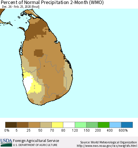 Sri Lanka Percent of Normal Precipitation 2-Month (WMO) Thematic Map For 12/26/2019 - 2/25/2020
