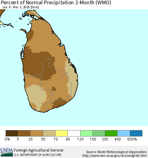 Sri Lanka Percent of Normal Precipitation 2-Month (WMO) Thematic Map For 1/6/2020 - 3/5/2020
