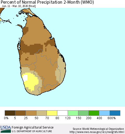 Sri Lanka Percent of Normal Precipitation 2-Month (WMO) Thematic Map For 1/11/2020 - 3/10/2020