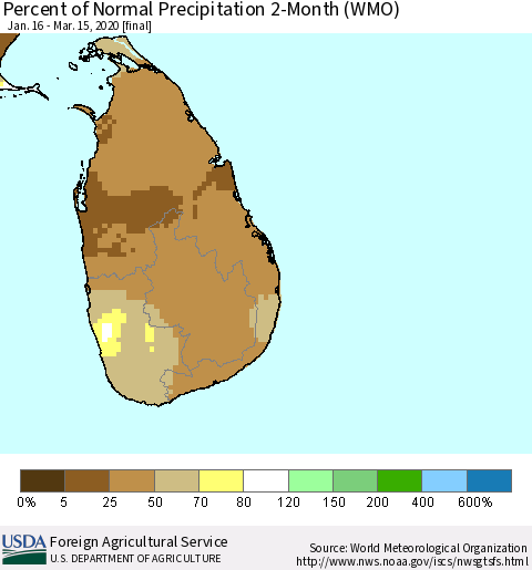 Sri Lanka Percent of Normal Precipitation 2-Month (WMO) Thematic Map For 1/16/2020 - 3/15/2020